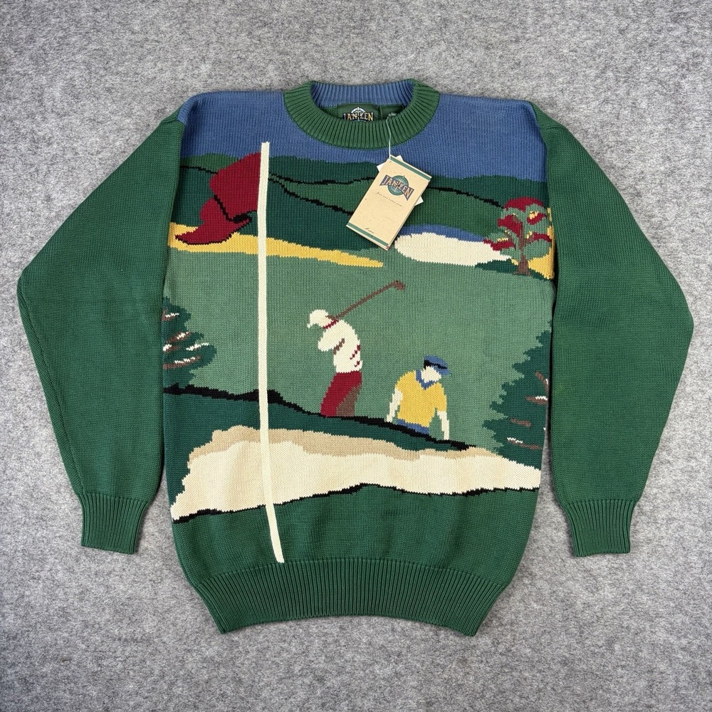 Vintage Jantzen Golf Sweater Graphic Knit 90s Preppy AOP Medium NEW DEADSTOCK